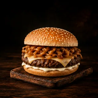 Serviervorschlag: Burger mit karamellisierten Zwiebeln