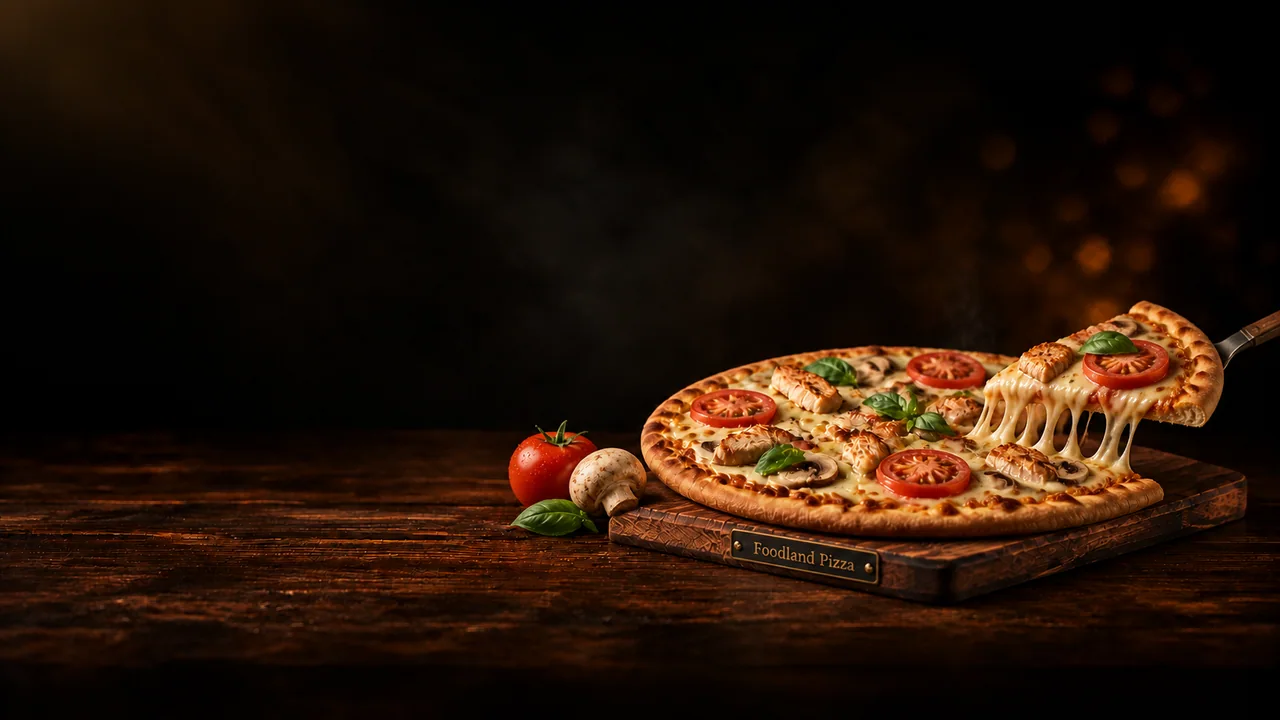 Foodland Pizza in dunkler Restaurantatmosphäre auf einer Holztafel